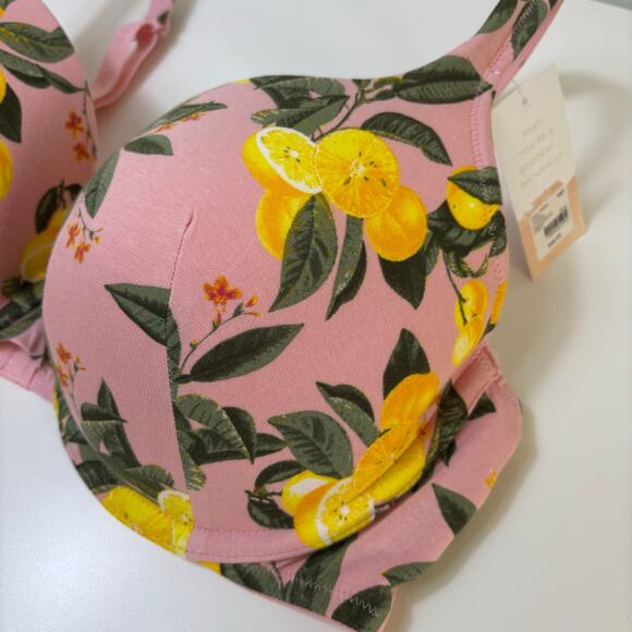 Cacique Cotton Boost Plunge Bra Size 40D Pink Leaves Lemon Breathable NWT - Picture 3 of 9